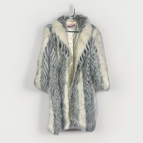 Vintage Jackets & Blazers - Vintage Donnybrook Faux Fur Long Coat White Gray Striped Plush Elegant Size 12